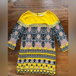 J.Crew Womens Spring Shift Dress Yellow  Silk Print Long Sleeve Size 6